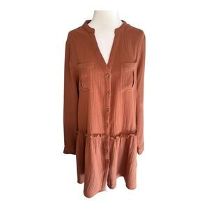 Wishlist Apparel Brown Gauze Tunic Dress Ruffle Hem Pockets Small‎ NWOT